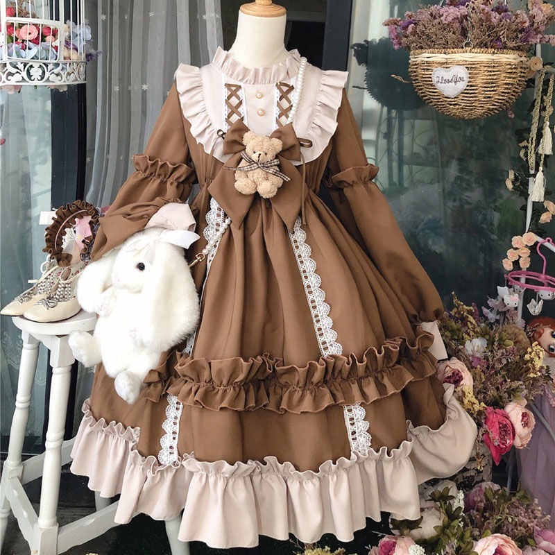 Japanese Gothic Lolita Dress Women Kawaii Bow Bear Lace Blue Dress Long Sleeve Princess Dress Halloween Costume Gift For Girls 2