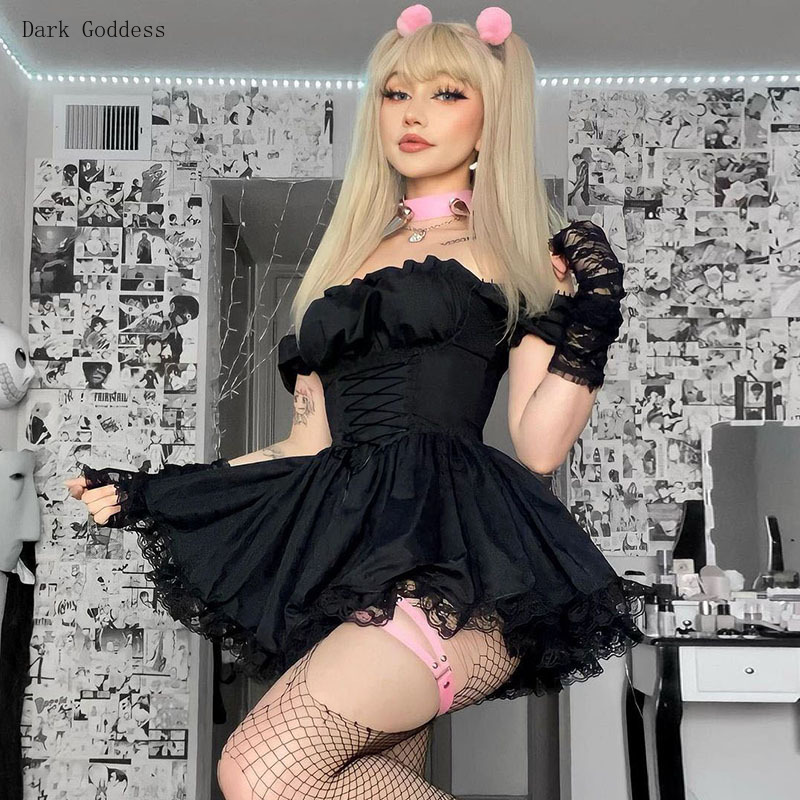 Japanese Lolita Princess Black Gothic Sexy Mini Bad Girl Dress Kawaii High Waist Puff Sleeve Lace Ruffles White Party Robe Women 2