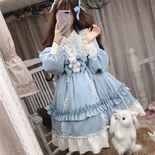 Japanese Gothic Lolita Dress Women Kawaii Bow Bear Lace Blue Dress Long Sleeve Princess Dress Halloween Costume Gift For Girls 3