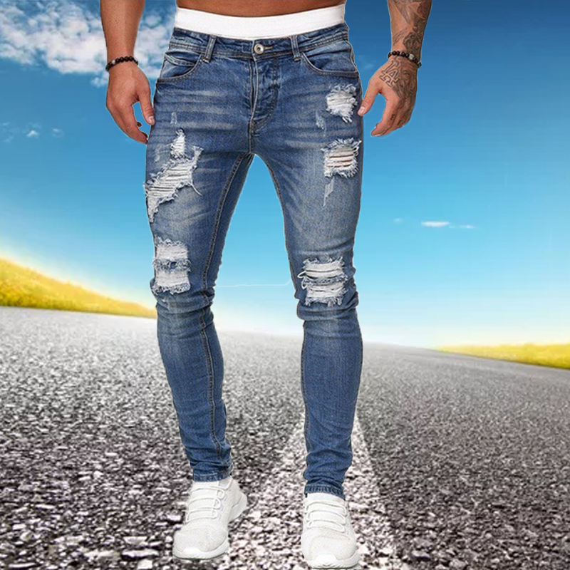 Mens Ripped Skinny Jeans Blue Slim Fit Hole Pencil Pants Biker Casual Trousers Streetwear 2020 High Quality Denim Man Clothing 1