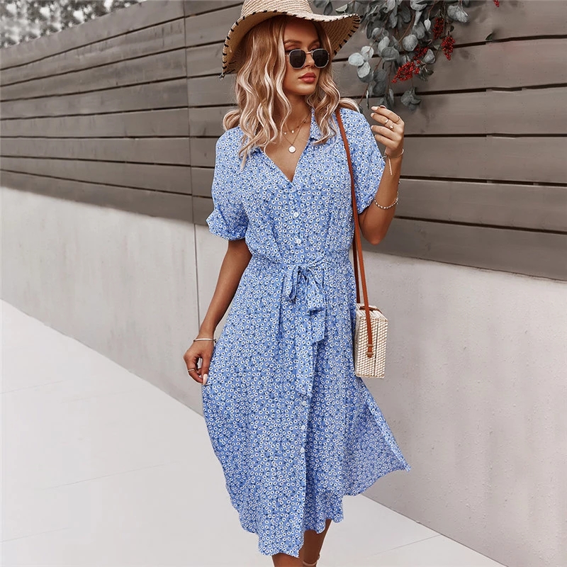 Spring Women Bandage Dress Summer 2022 New Casual Floral Print Beach Dress Vintage Button Holiday Ladies Chic Dresses Vestidos 1