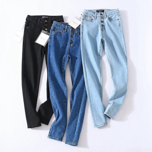 2020 Vintage Skinny Four Buttons High Waist Pencil Jeans Women Slim Fit Stretch Denim Pants Full Length Denim Tight Trousers 2