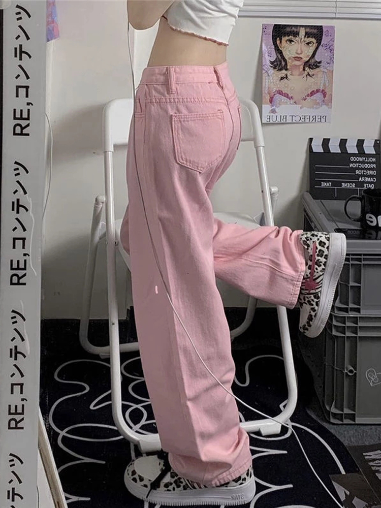 HOUZHOU Y2K Baggy Pink Jeans Women Kawaii Korean Fashion Oversize Low Rise Wide Leg Denim Pants Streetwear Loose Trousers Alt 2