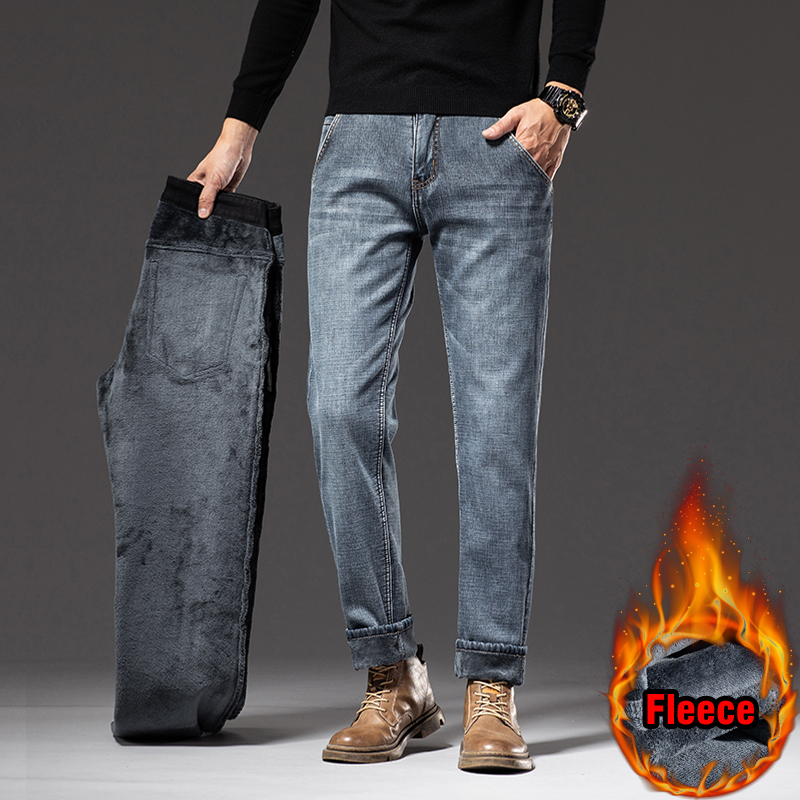 Winter New Men Fleece Warm Jeans Classic Style Business Casual Regular Fit Thicken Stretch Denim Pants Male Brand Trousers 1