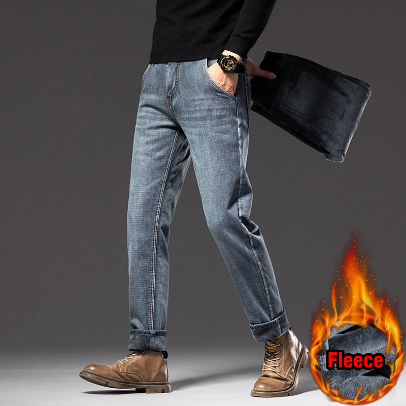 Winter New Men Fleece Warm Jeans Classic Style Business Casual Regular Fit Thicken Stretch Denim Pants Male Brand Trousers 2